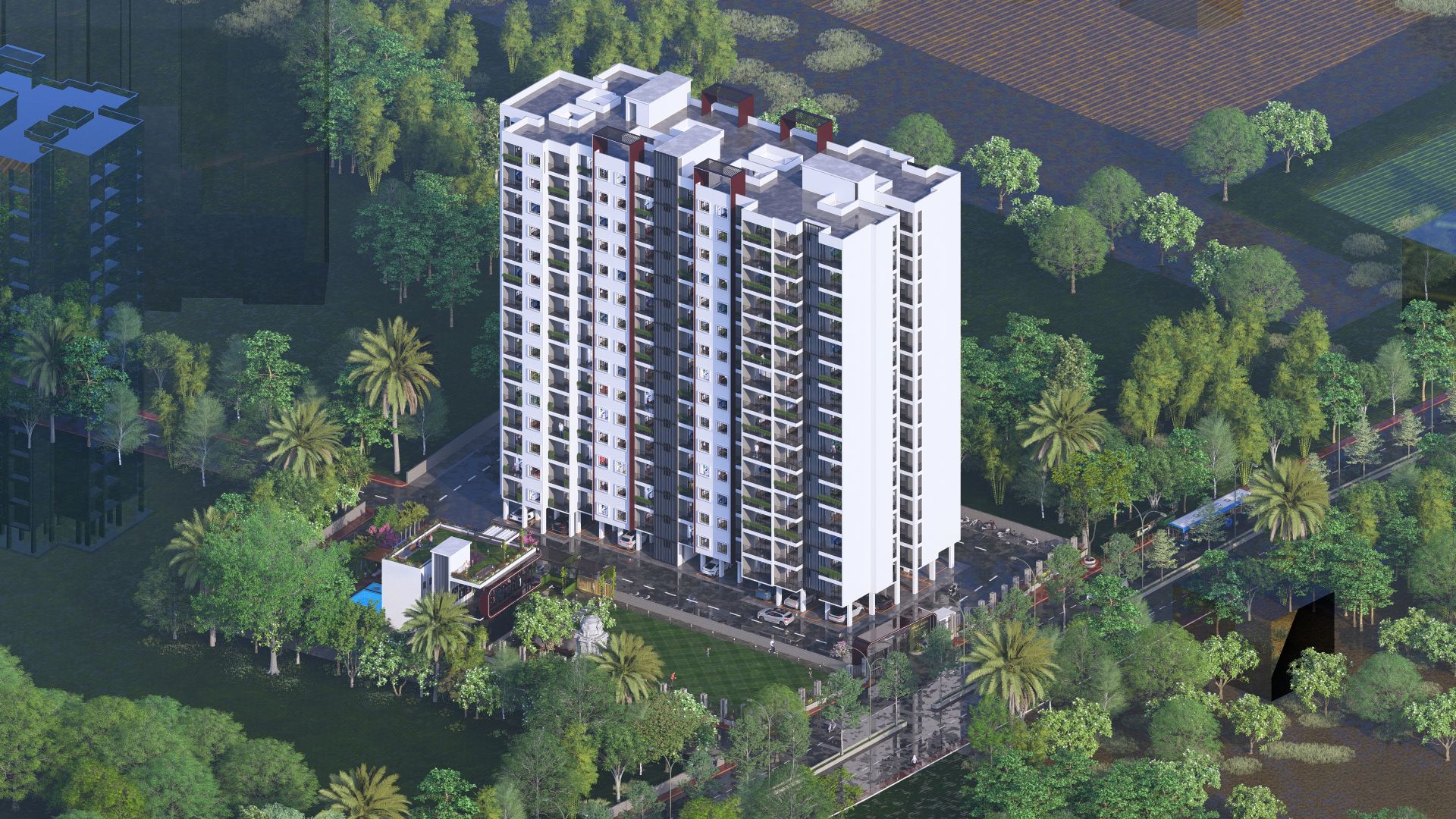 Residential tower of 1, 2 & 3 BHK flats in Ravet Annex Pune surrounded by greenery – Onkar Greens project